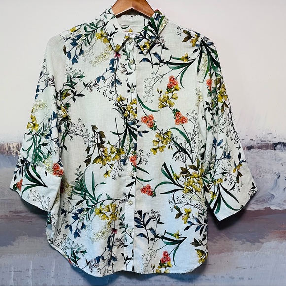 Chico's 100% Linen Shirt Size 1 / M Floral Botanical Button-Up Blouse 3/4 Sleeve - Picture 1 of 16